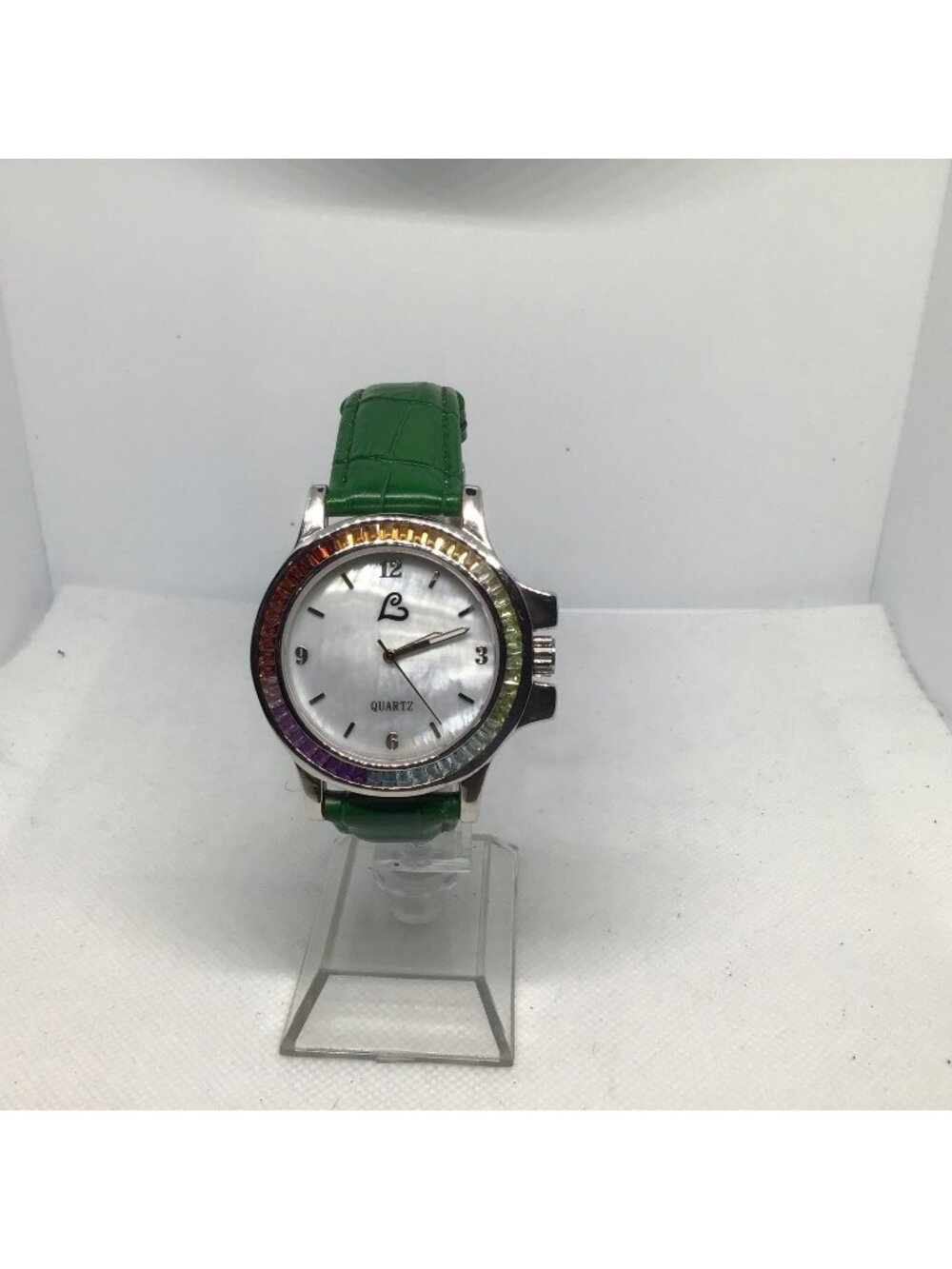 HSN Colleen Lopez Multi-Gemstone Of Pearl Green Leather Strap Watch